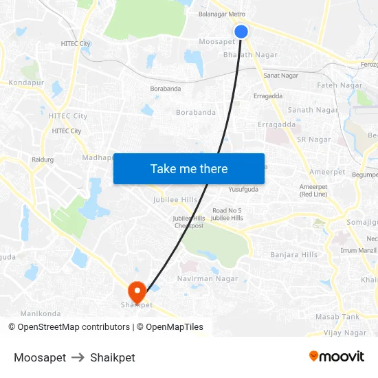 Moosapet to Shaikpet map