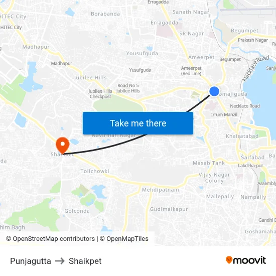 Punjagutta to Shaikpet map