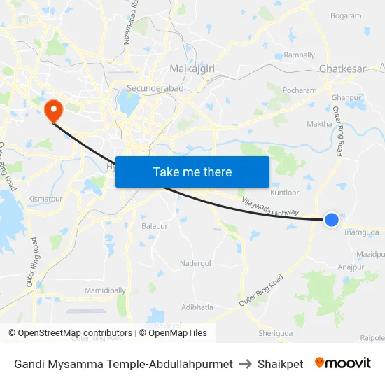 Gandi Mysamma Temple-Abdullahpurmet to Shaikpet map
