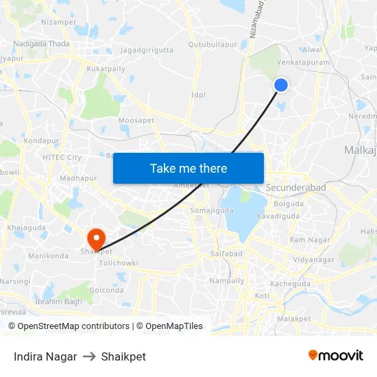 Indira Nagar to Shaikpet map