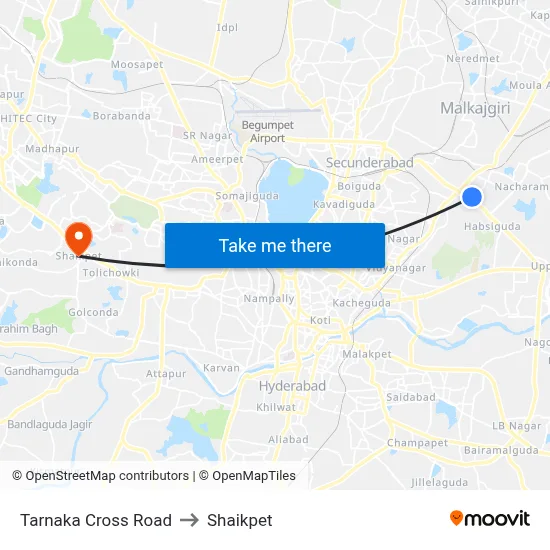 Tarnaka Cross Road to Shaikpet map