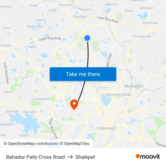 Bahadur Pally Cross Road to Shaikpet map