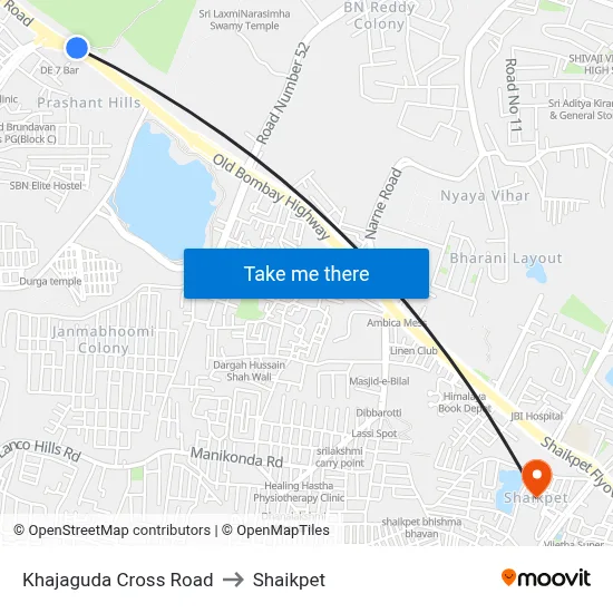 Khajaguda Cross Road to Shaikpet map