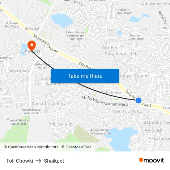 Toli Chowki to Shaikpet map