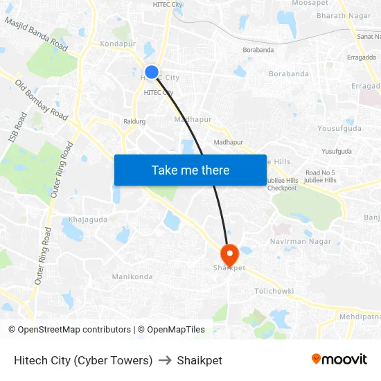 Hitech City (Cyber Towers) to Shaikpet map