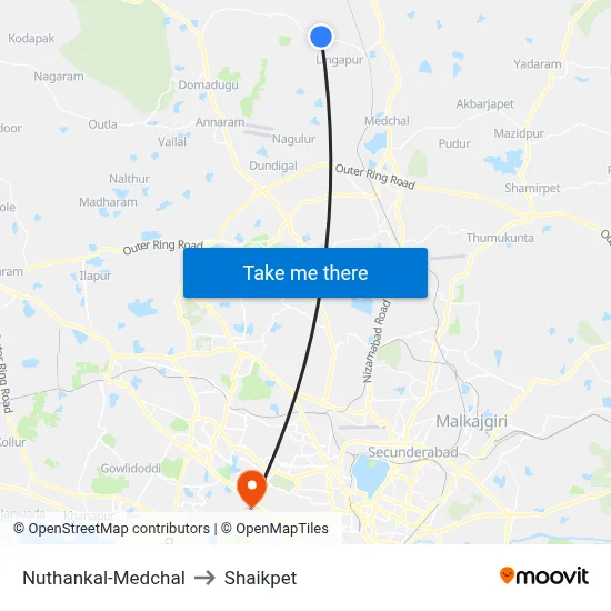 Nuthankal-Medchal to Shaikpet map