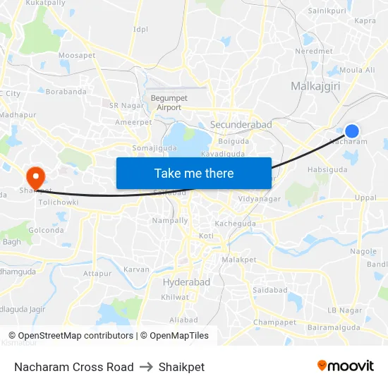 Nacharam Cross Road to Shaikpet map