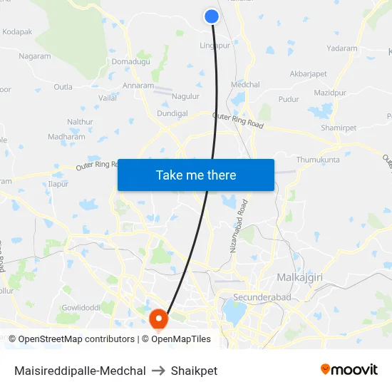 Maisireddipalle-Medchal to Shaikpet map