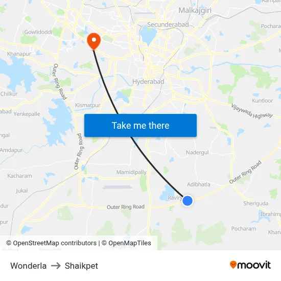 Wonderla to Shaikpet map