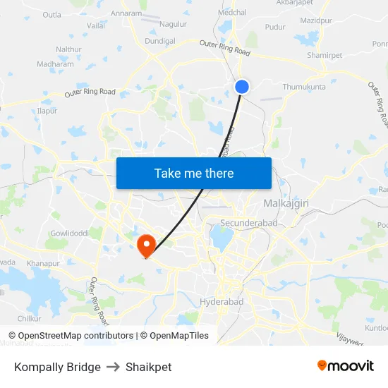 Kompally Bridge to Shaikpet map