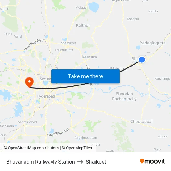 Bhuvanagiri Railwayly Station to Shaikpet map