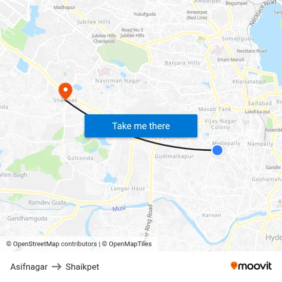 Asifnagar to Shaikpet map
