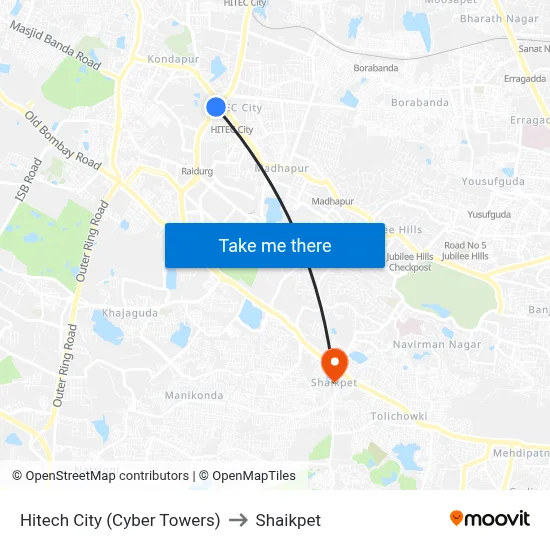 Hitech City (Cyber Towers) to Shaikpet map