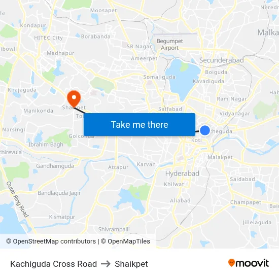Kachiguda Cross Road to Shaikpet map