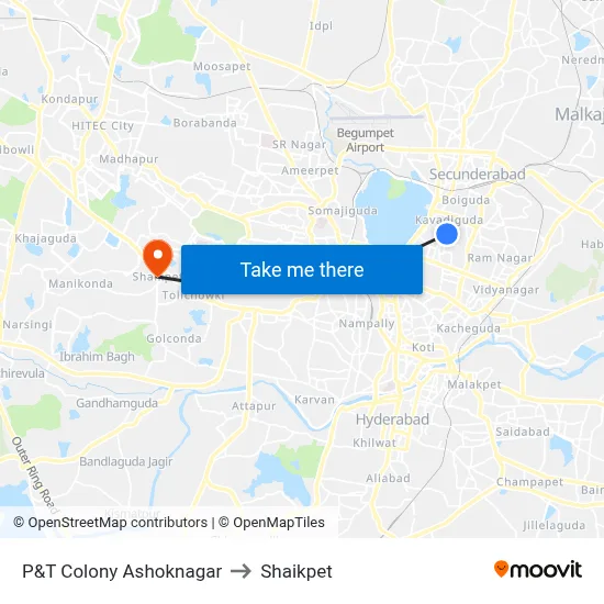 P&T Colony Ashoknagar to Shaikpet map