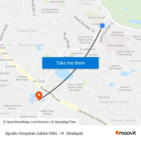 Apollo Hospital-Jublie Hills to Shaikpet map