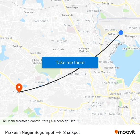 Prakash Nagar Begumpet to Shaikpet map