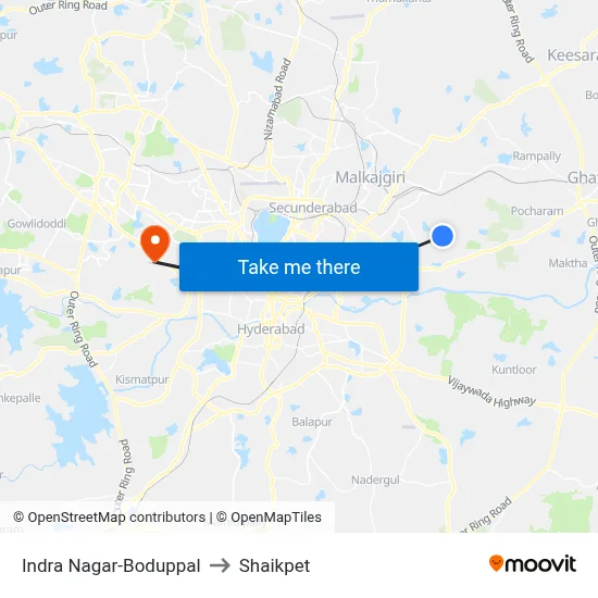 Indra Nagar-Boduppal to Shaikpet map