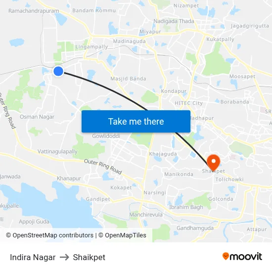 Indira Nagar to Shaikpet map
