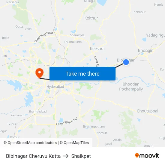 Bibinagar Cheruvu Katta to Shaikpet map