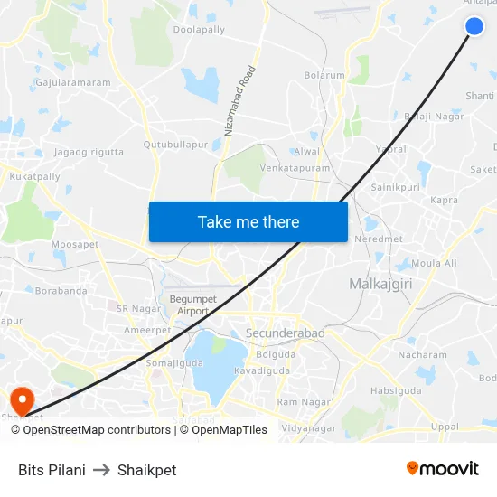 Bits Pilani to Shaikpet map