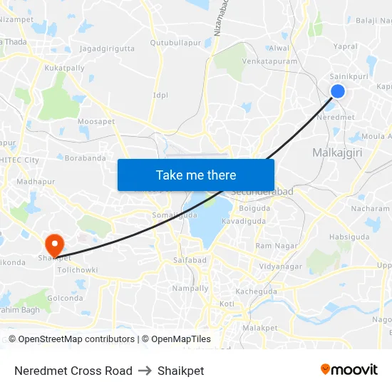 Neredmet Cross Road to Shaikpet map