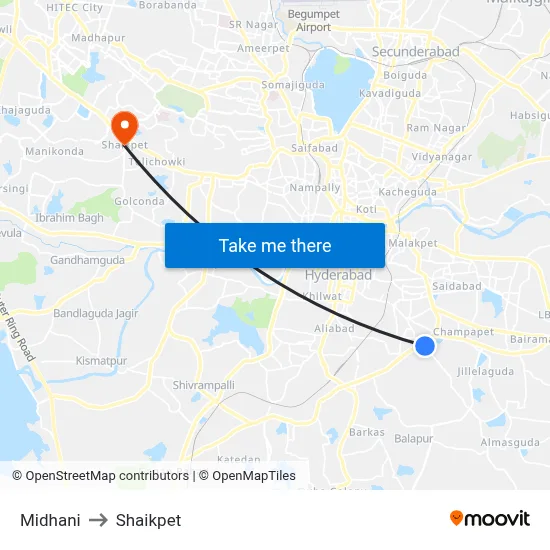 Midhani to Shaikpet map