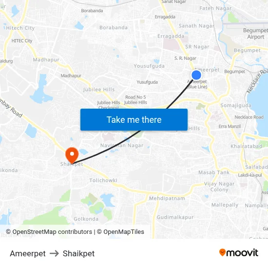 Ameerpet to Shaikpet map