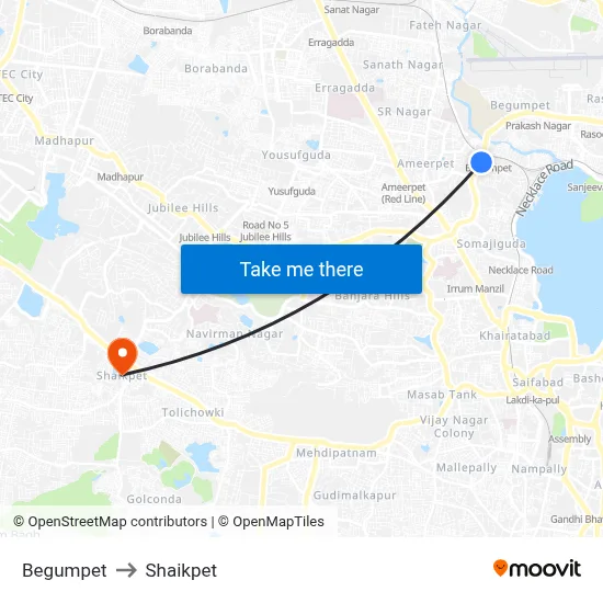 Begumpet to Shaikpet map