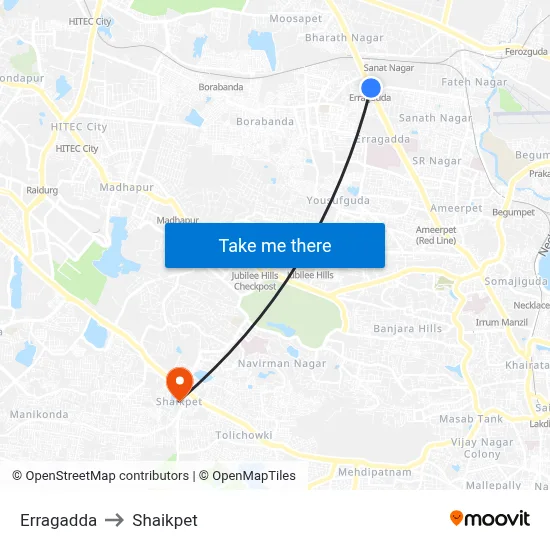 Erragadda to Shaikpet map