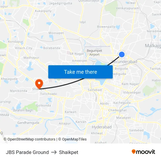 JBS Parade Ground to Shaikpet map