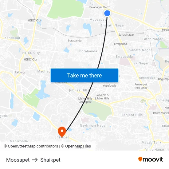 Moosapet to Shaikpet map