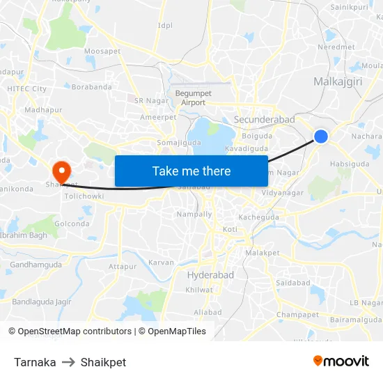 Tarnaka to Shaikpet map