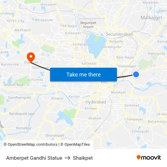 Amberpet Gandhi Statue to Shaikpet map