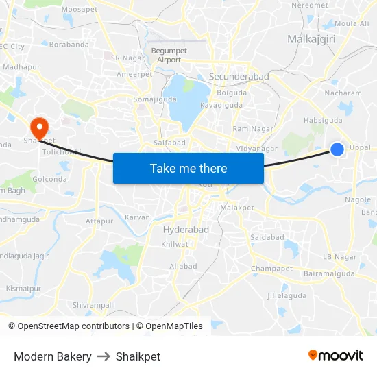 Modern Bakery to Shaikpet map