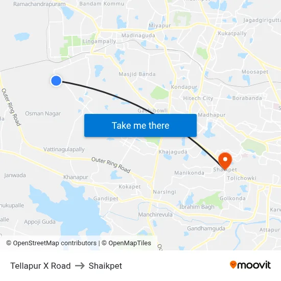 Tellapur X Road to Shaikpet map