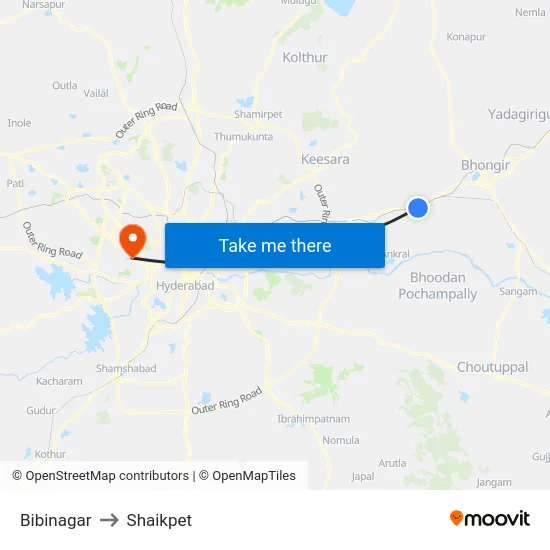 Bibinagar to Shaikpet map