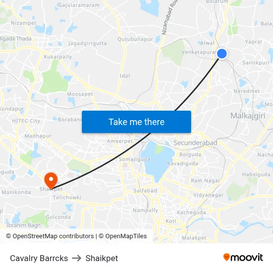 Cavalry Barrcks to Shaikpet map