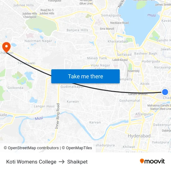 Koti Womens College to Shaikpet map