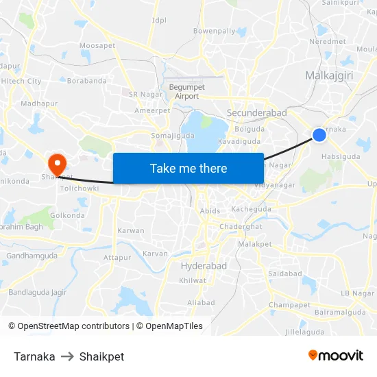 Tarnaka to Shaikpet map