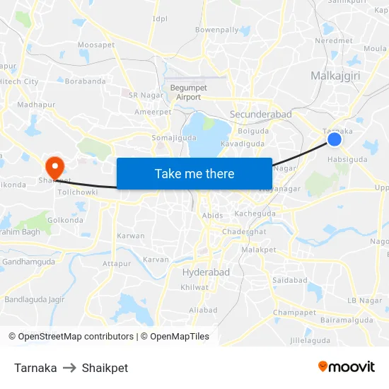 Tarnaka to Shaikpet map