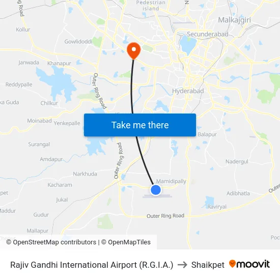 Rajiv Gandhi International Airport (R.G.I.A.) to Shaikpet map