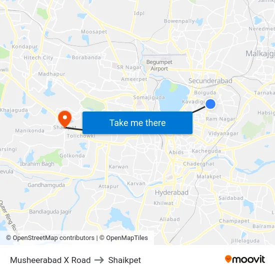Musheerabad X Road to Shaikpet map