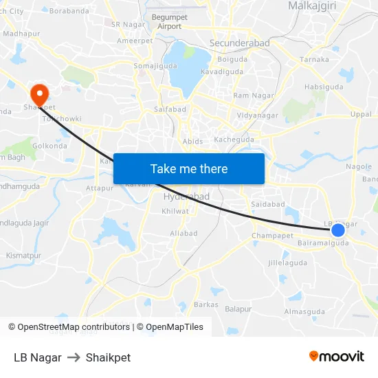 LB Nagar to Shaikpet map