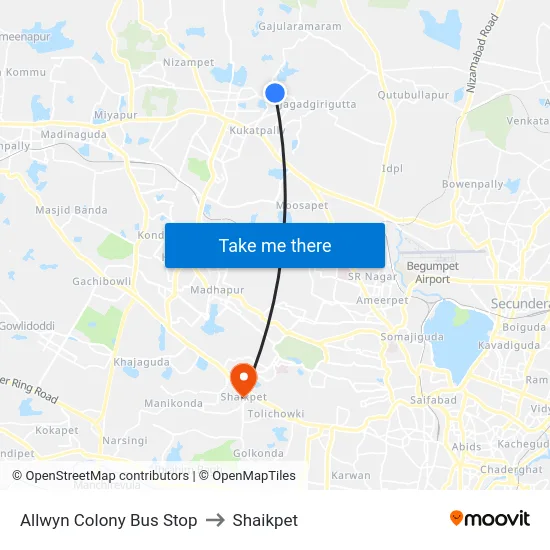 Allwyn Colony Bus Stop to Shaikpet map