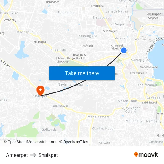 Ameerpet to Shaikpet map