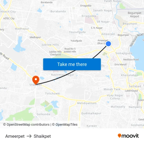 Ameerpet to Shaikpet map