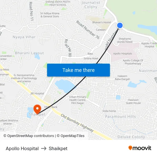 Apollo Hospital to Shaikpet map