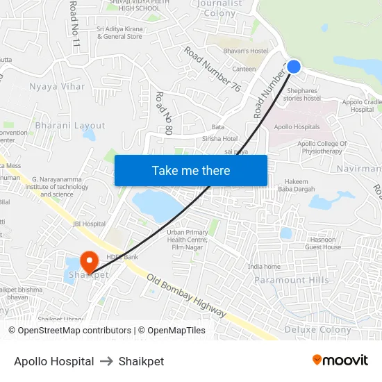 Apollo Hospital to Shaikpet map