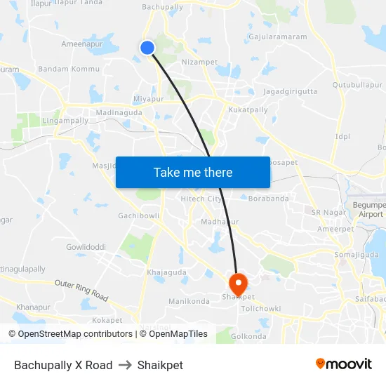 Bachupally X Road to Shaikpet map
